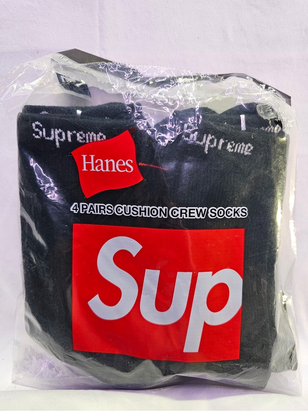 Supreme Hanes Black Crew Socks with White Branding - 4 Pack